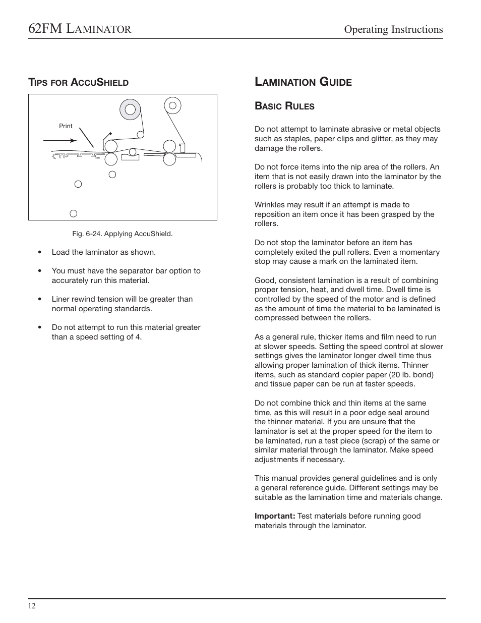 Tips for accushield, Lamination guide, Basic rules | 62fm l, Operating instructions, Aminator t | GBC 62fm User Manual | Page 32 / 40