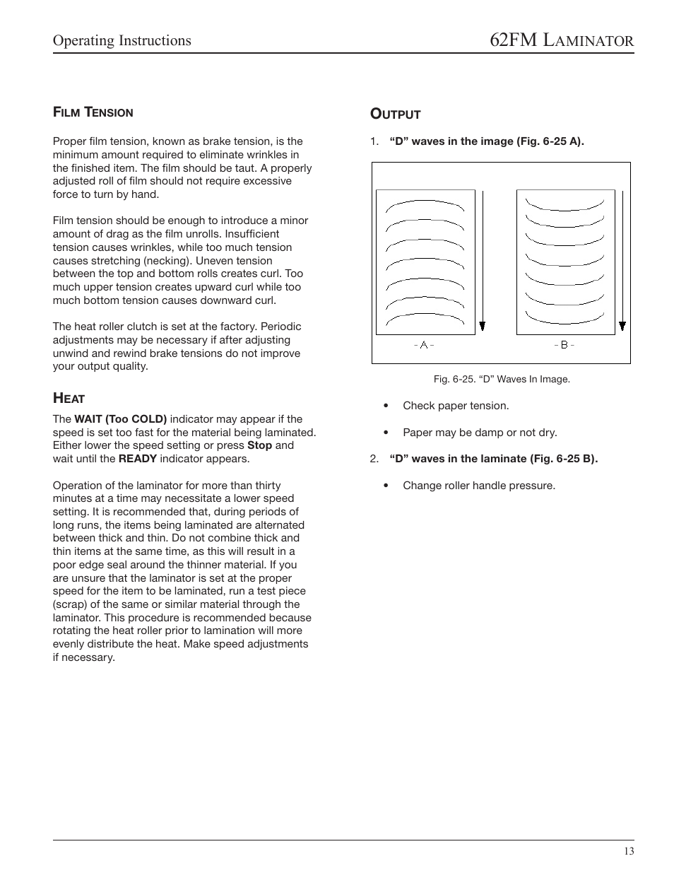 Film tension, Heat, Output | 62fm l, Operating instructions, Aminator | GBC 62fm User Manual | Page 33 / 40