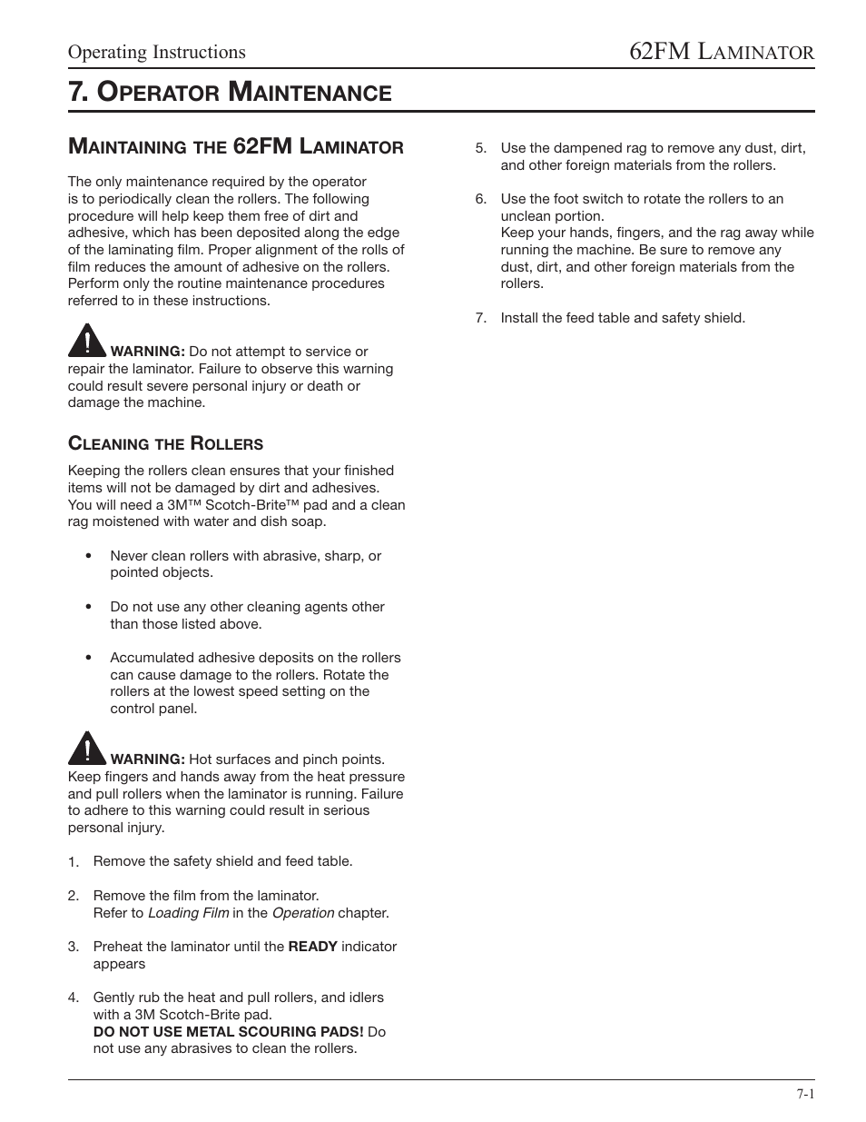 Operator maintenance, Maintaining the 62fm laminator, Cleaning the rollers | 62fm l, Perator, Aintenance | GBC 62fm User Manual | Page 35 / 40