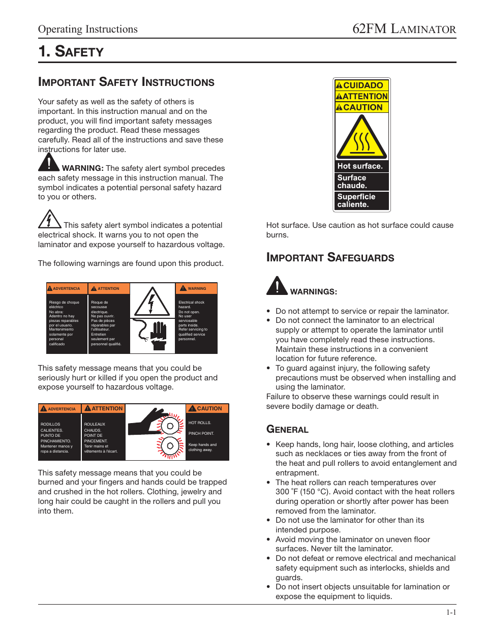 Safety, Important safety instructions, Important safeguards | General, 62fm l, Operating instructions, Aminator, Mportant, Afeguards, Afety | GBC 62fm User Manual | Page 5 / 40