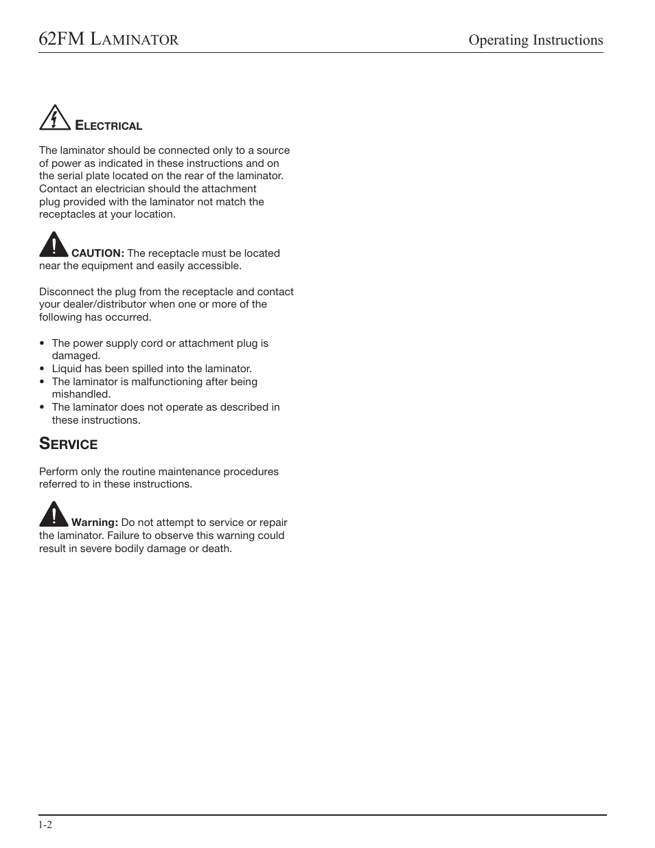 Electrical, Service, 62fm l | Operating instructions, Aminator | GBC 62fm User Manual | Page 6 / 40