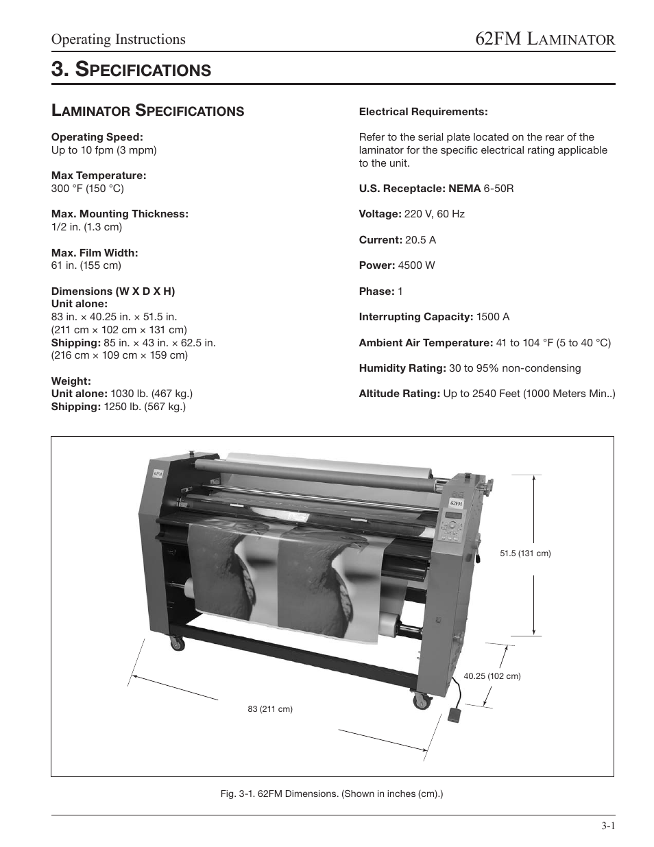 Specifications, Laminator specifications, 62fm l | Pecifications, Operating instructions, Aminator | GBC 62fm User Manual | Page 9 / 40