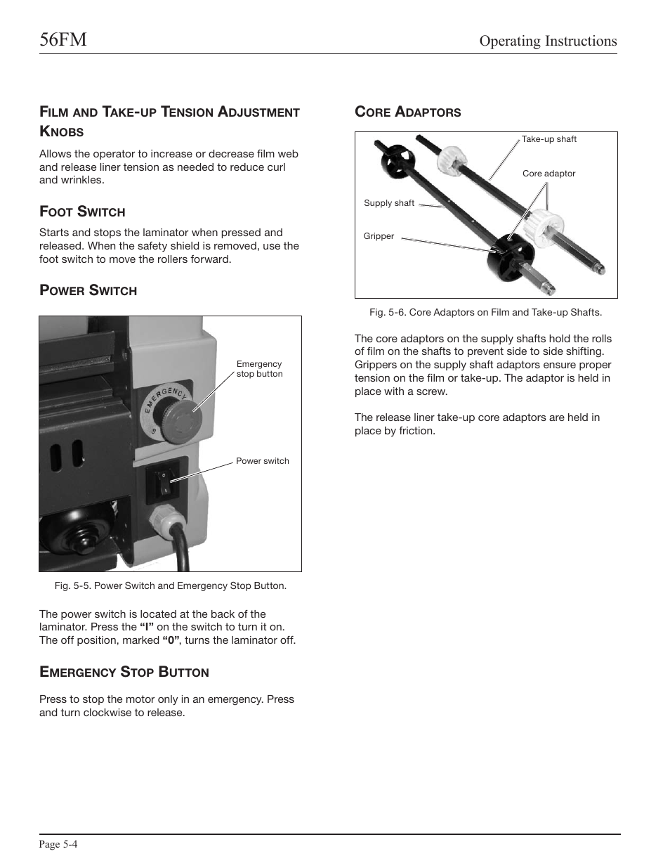 Film and take-up tension adjustment knobs, Foot switch, Power switch | Emergency stop button, Core adaptors, 56fm, Operating instructions | GBC 56FM User Manual | Page 16 / 40