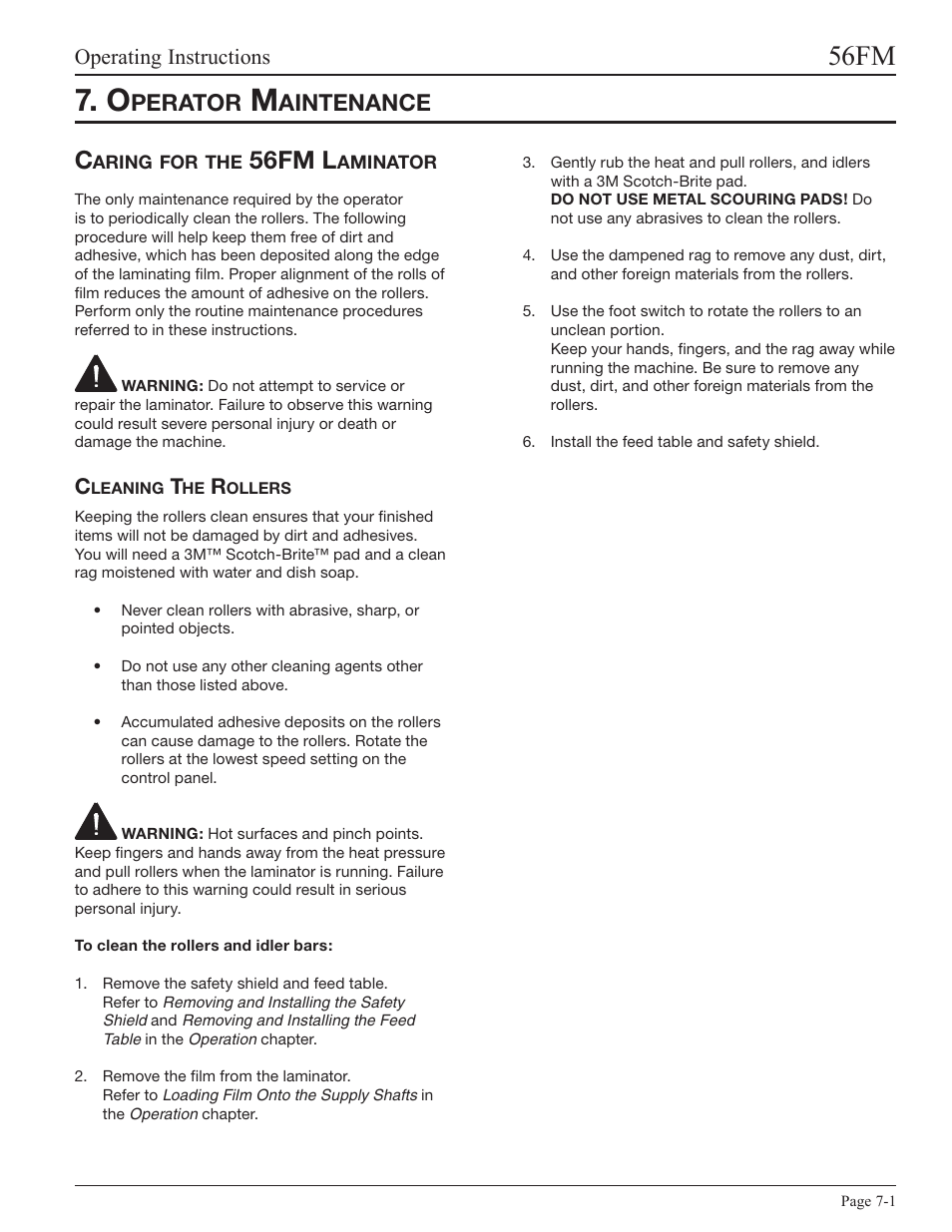 Operator maintenance, Caring for the 56fm laminator, Cleaning the rollers | Caring for the 56fm laminator -1, Cleaning the rollers -1, 56fm, 56fm l, Perator, Aintenance | GBC 56FM User Manual | Page 35 / 40