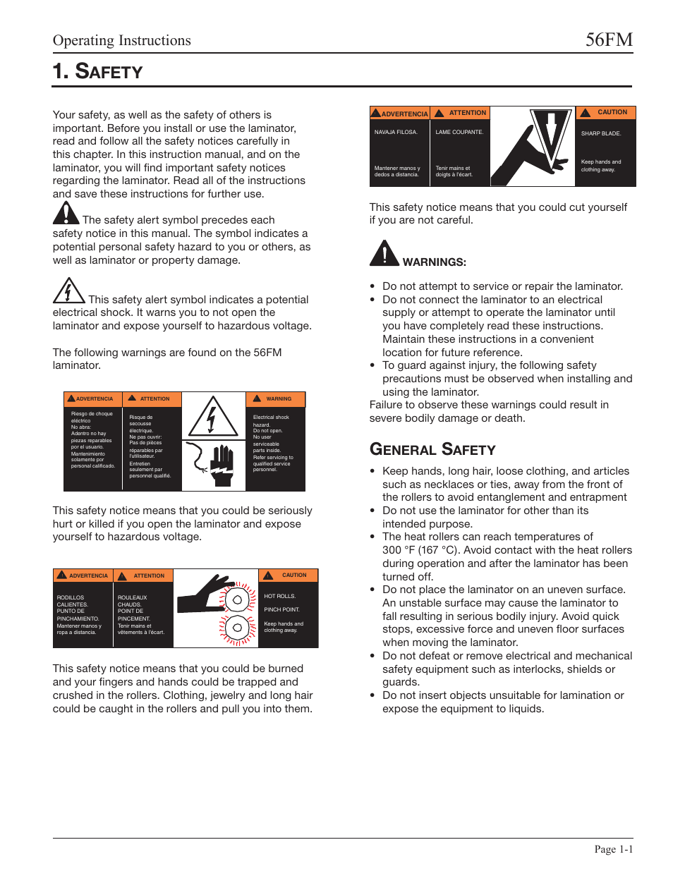 Safety, General safety, General safety -1 | 56fm, Operating instructions, Eneral, Afety | GBC 56FM User Manual | Page 5 / 40