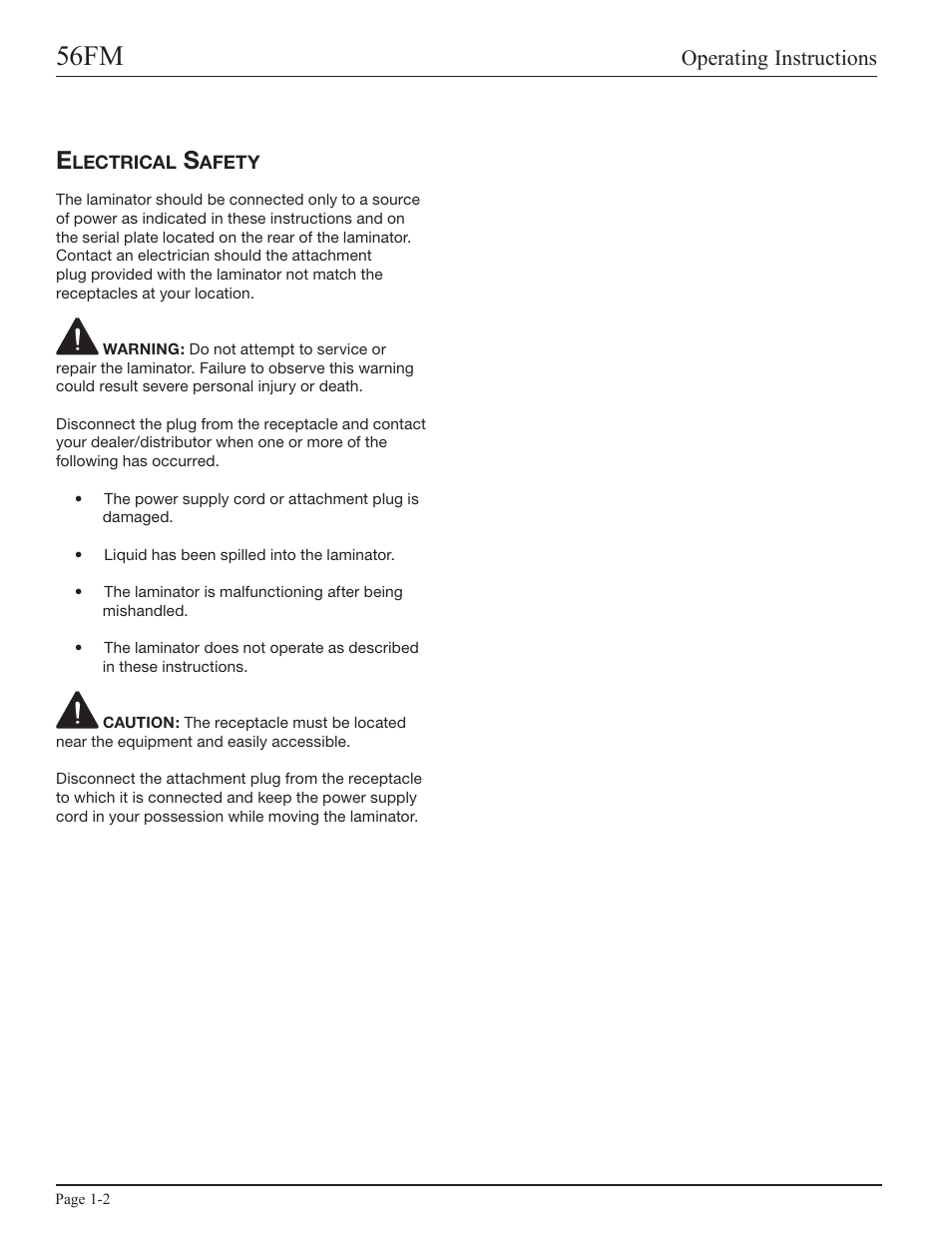 Electrical safety, Electrical safety -2, 56fm | Operating instructions | GBC 56FM User Manual | Page 6 / 40
