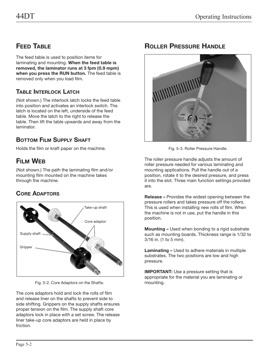 Feed table, Table interlock latch, Bottom film supply shaft | Film web, Core adaptors, Roller pressure handle, 44dt | GBC 44DT User Manual | Page 14 / 36