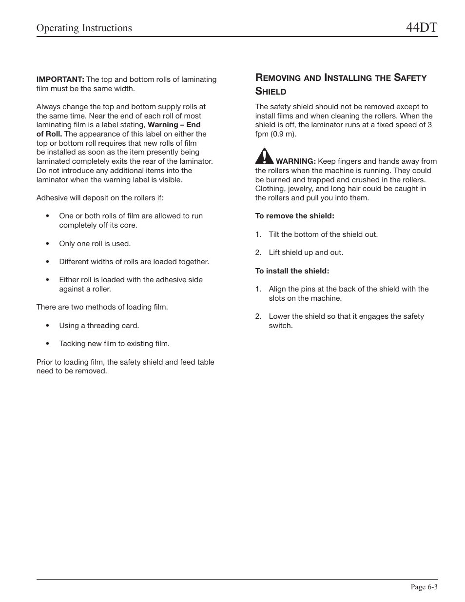 Removing and installing the safety shield, 44dt, Operating instructions | GBC 44DT User Manual | Page 19 / 36