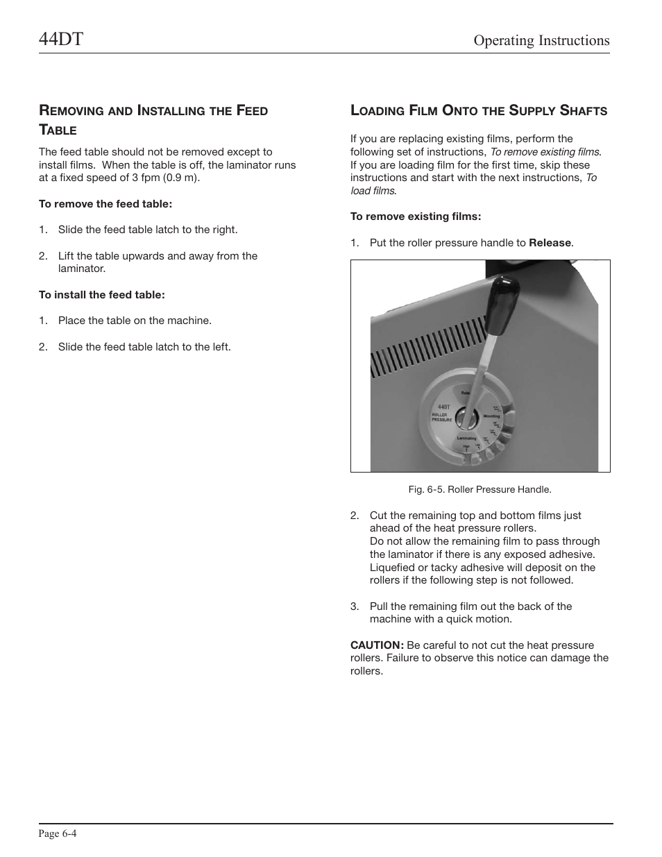 Removing and installing the feed table, Loading film onto the supply shafts, 44dt | Operating instructions | GBC 44DT User Manual | Page 20 / 36
