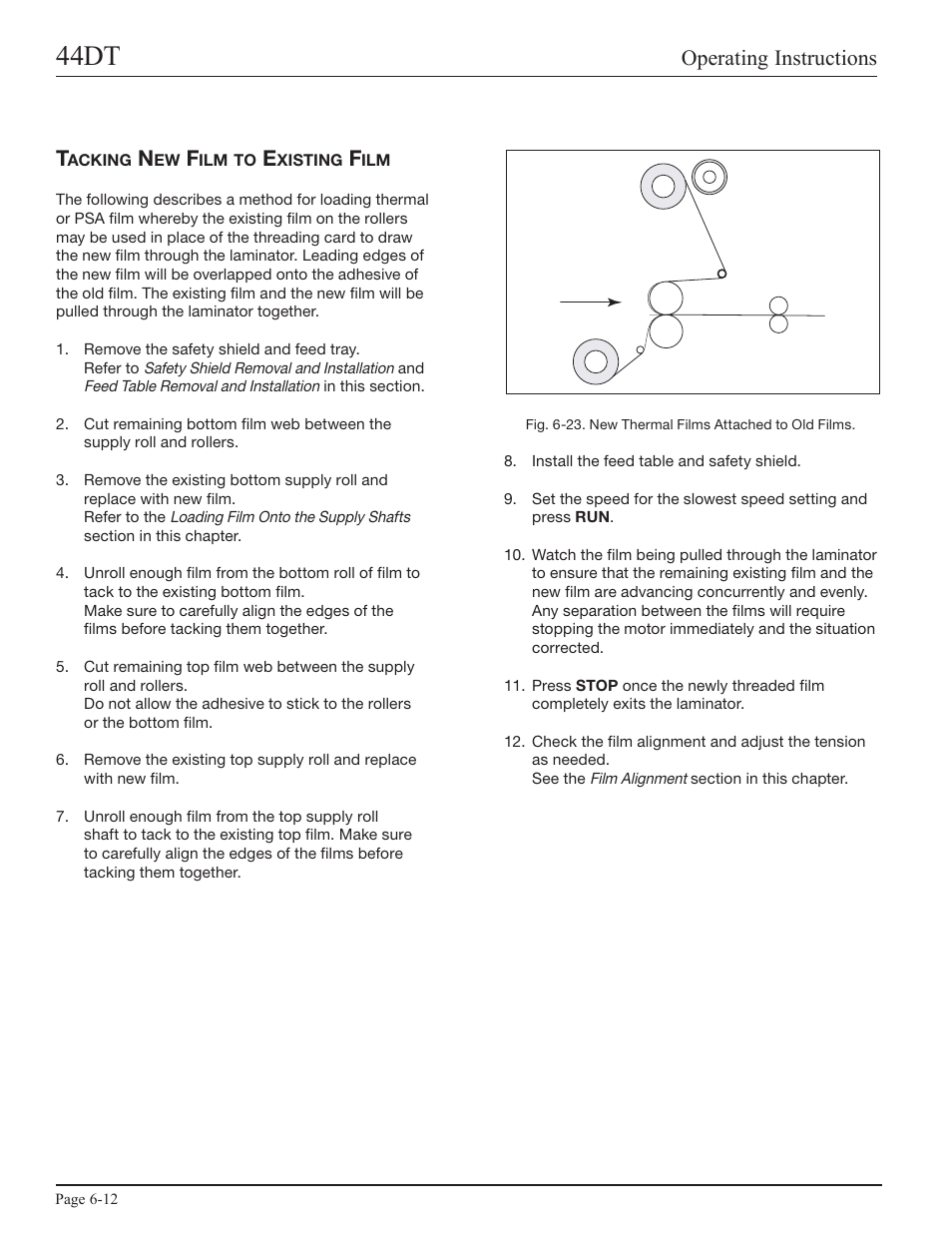 Tacking new film to existing film, 44dt, Operating instructions | GBC 44DT User Manual | Page 28 / 36
