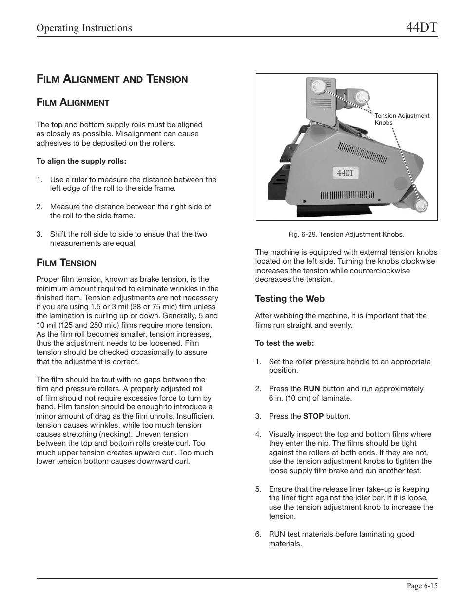 Film alignment and tension, Film alignment, Film tension | Testing the web, 44dt, Operating instructions | GBC 44DT User Manual | Page 31 / 36