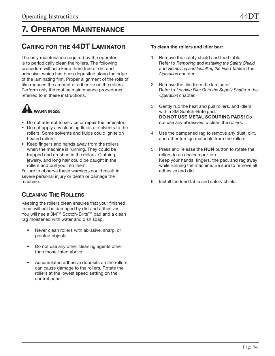Operator maintenance, Caring for the 44dt laminator, Cleaning the rollers | 44dt, 44dt l, Perator, Aintenance, Operating instructions | GBC 44DT User Manual | Page 33 / 36