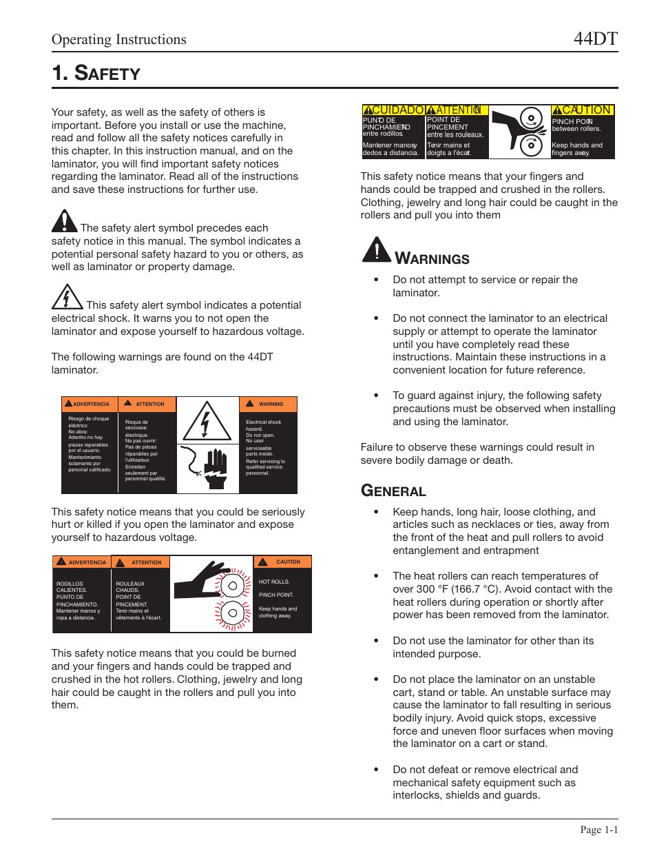 Safety, Warnings, General | 44dt, Afety, Operating instructions, Arnings, Eneral | GBC 44DT User Manual | Page 5 / 36