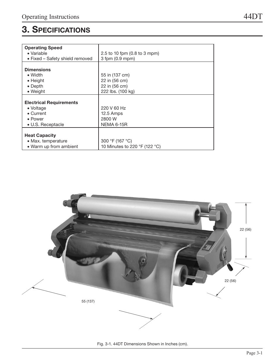 Specifications, Speciﬁcations, 44dt | Pecifications, Operating instructions | GBC 44DT User Manual | Page 9 / 36