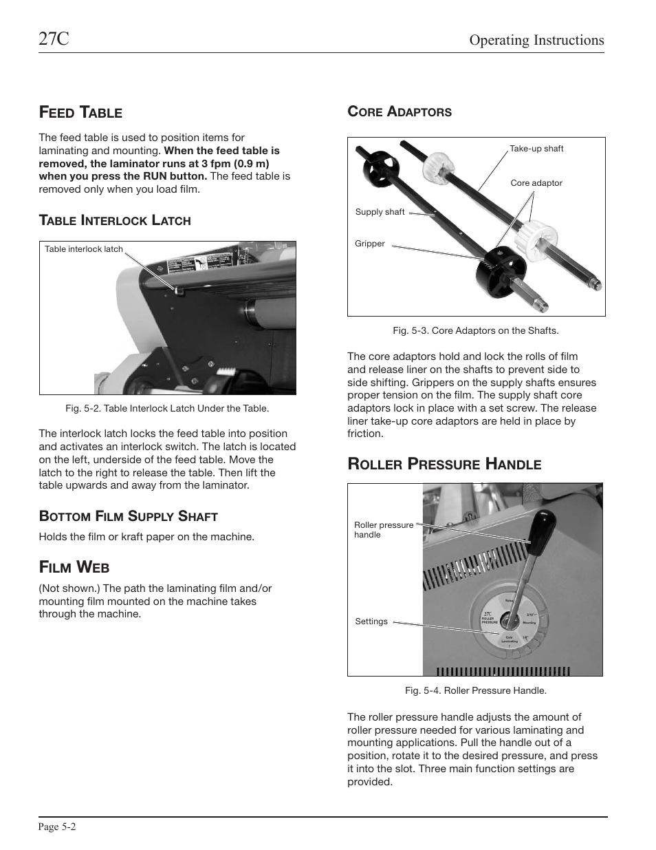 Feed table, Table interlock latch, Bottom film supply shaft | Film web, Core adaptors, Roller pressure handle | GBC 27C User Manual | Page 14 / 32
