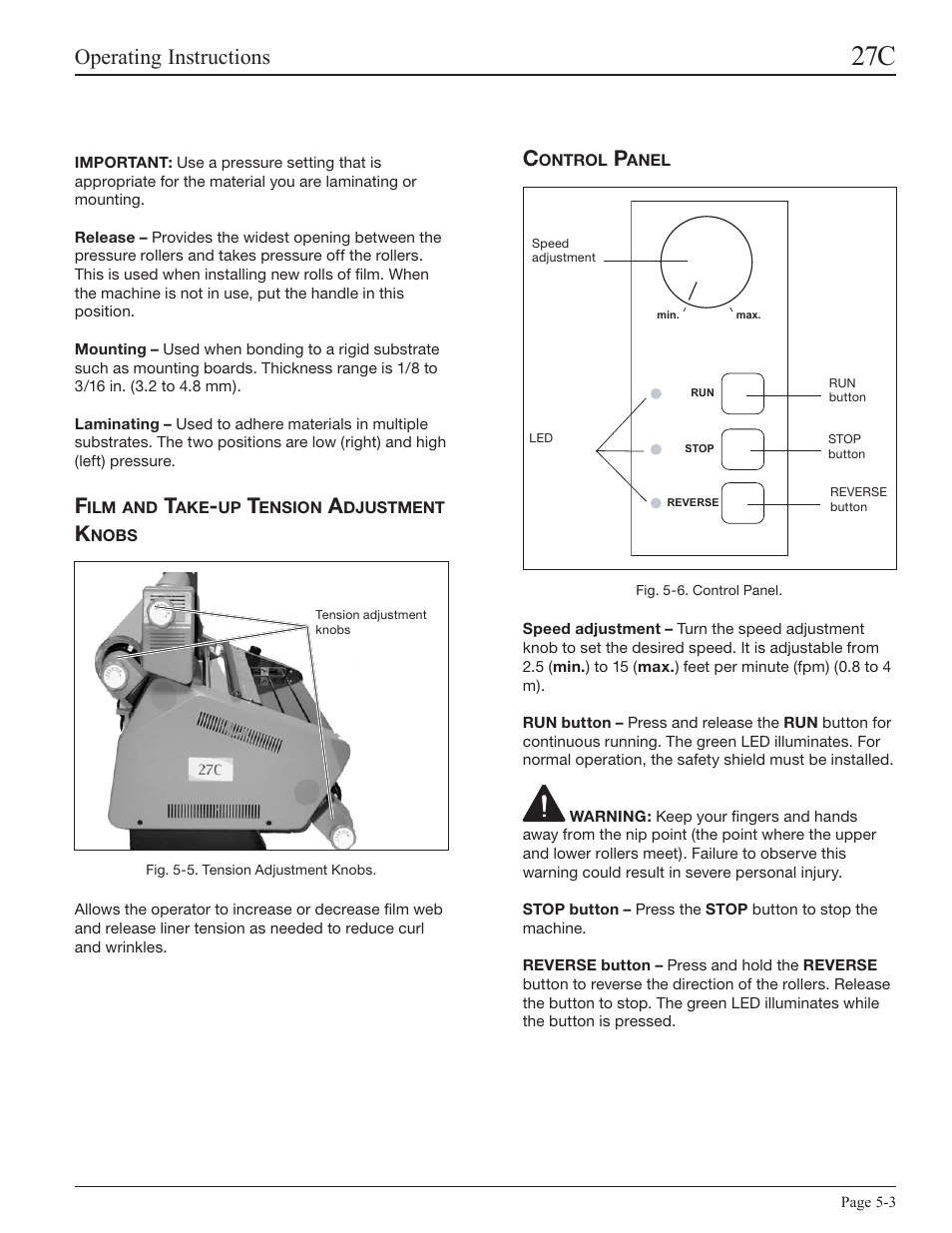 Film and take-up tension adjustment knobs, Control panel, Operating instructions | GBC 27C User Manual | Page 15 / 32