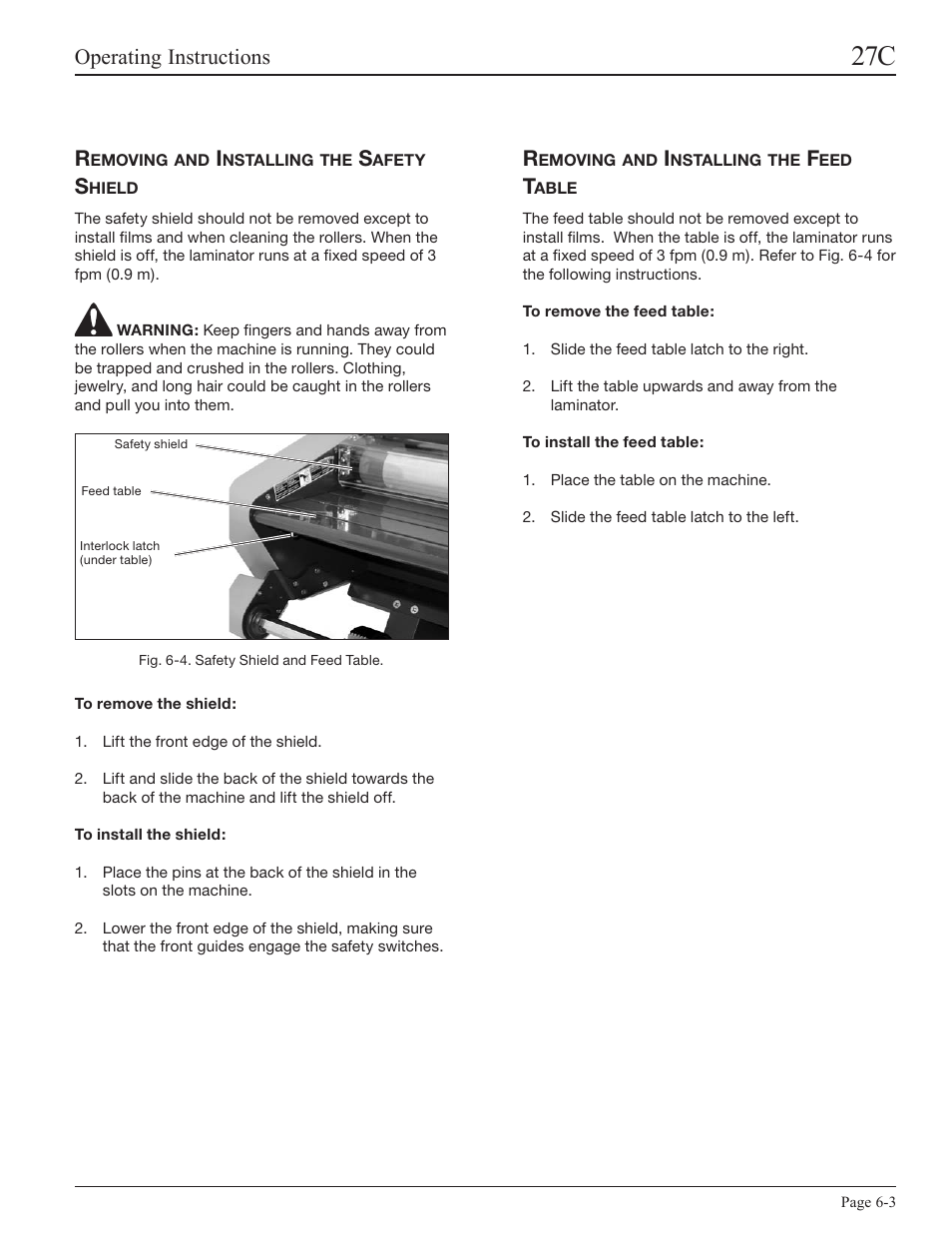 Removing and installing the safety shield, Removing and installing the feed table, Operating instructions | GBC 27C User Manual | Page 19 / 32