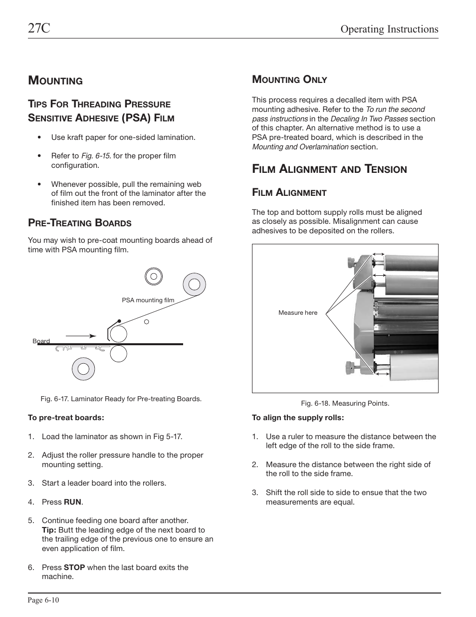 Mounting, Pre-treating boards, Mounting only | Film alignment and tension, Film alignment, Operating instructions, Psa) f | GBC 27C User Manual | Page 26 / 32