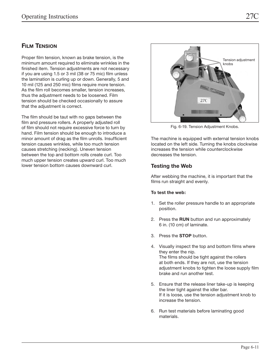 Film tension, Testing the web, Operating instructions | GBC 27C User Manual | Page 27 / 32