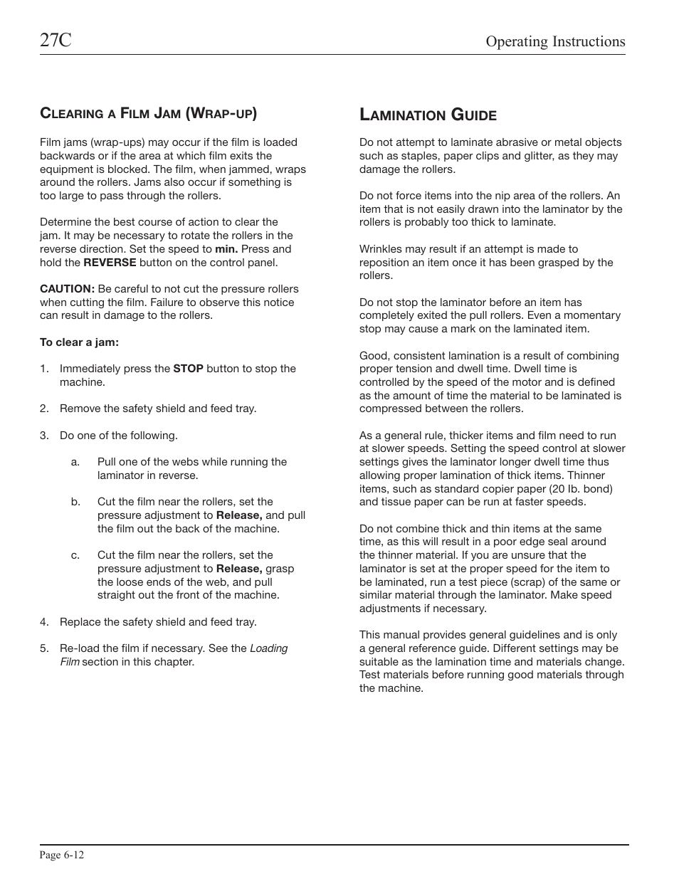 Clearing a film jam (wrap-up), Lamination guide, Operating instructions | GBC 27C User Manual | Page 28 / 32