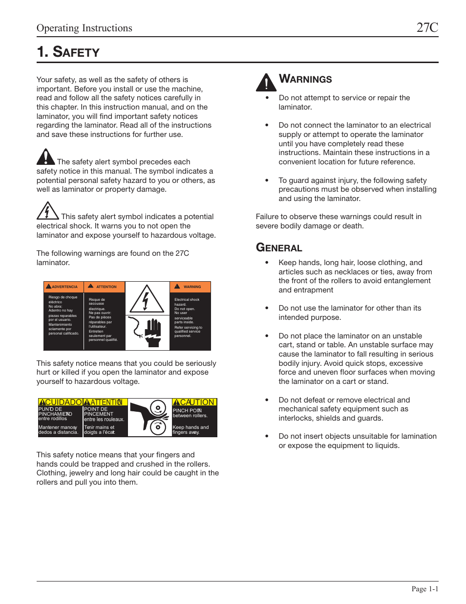 Safety, Warnings, General | Afety, Operating instructions, Arnings, Eneral | GBC 27C User Manual | Page 5 / 32