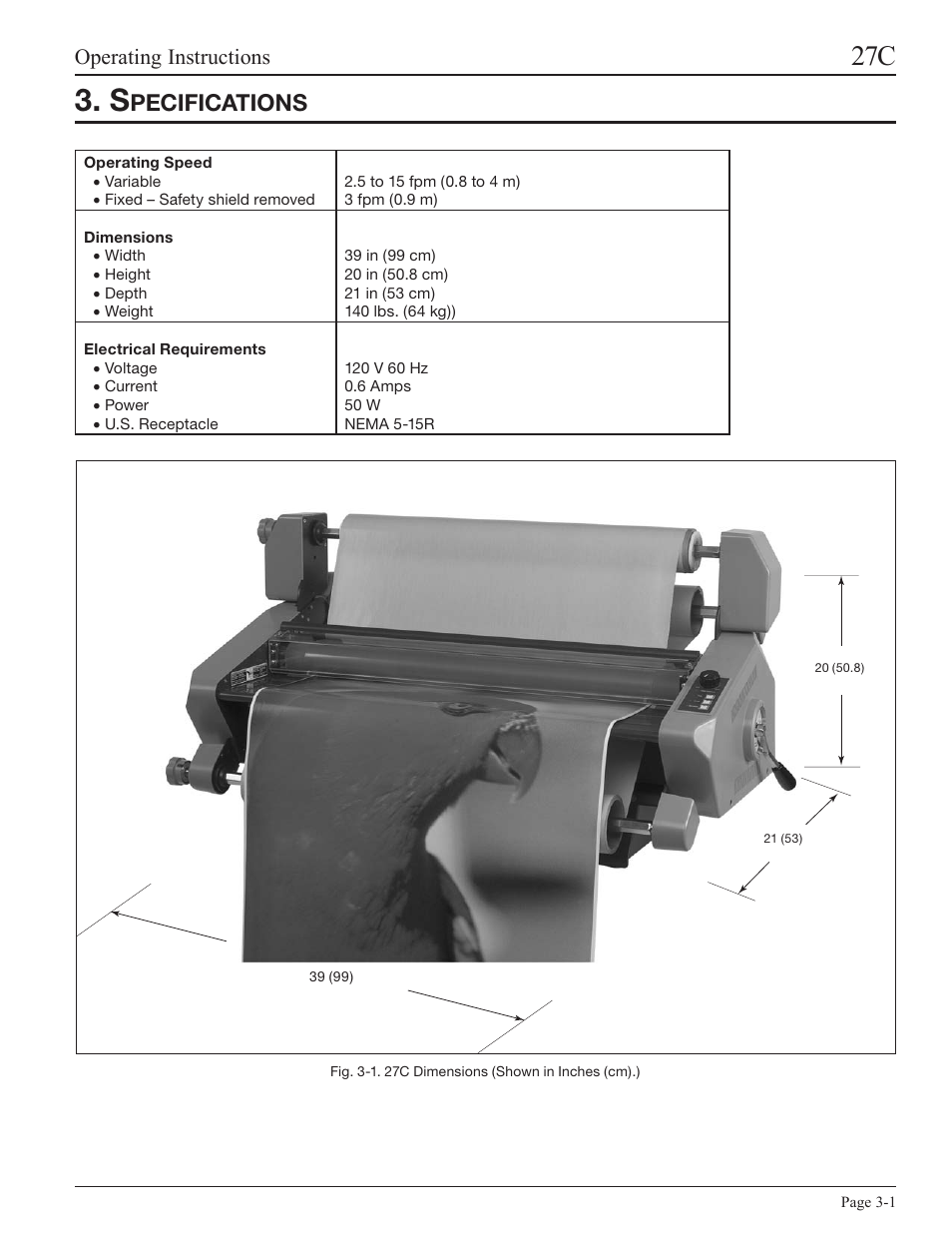 Specifications, Speciﬁcations, Pecifications | Operating instructions | GBC 27C User Manual | Page 9 / 32