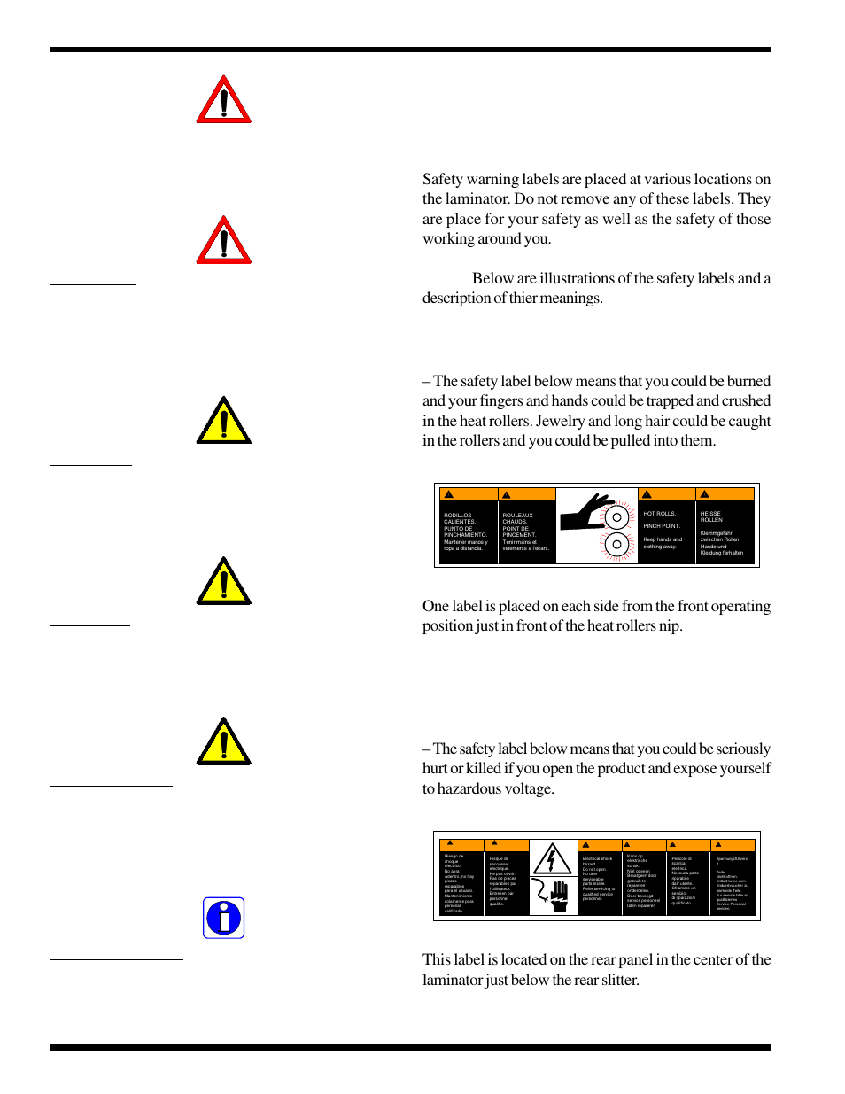 3 labels, Hot rollers, Electrical hazard | GBC 25e User Manual | Page 6 / 48
