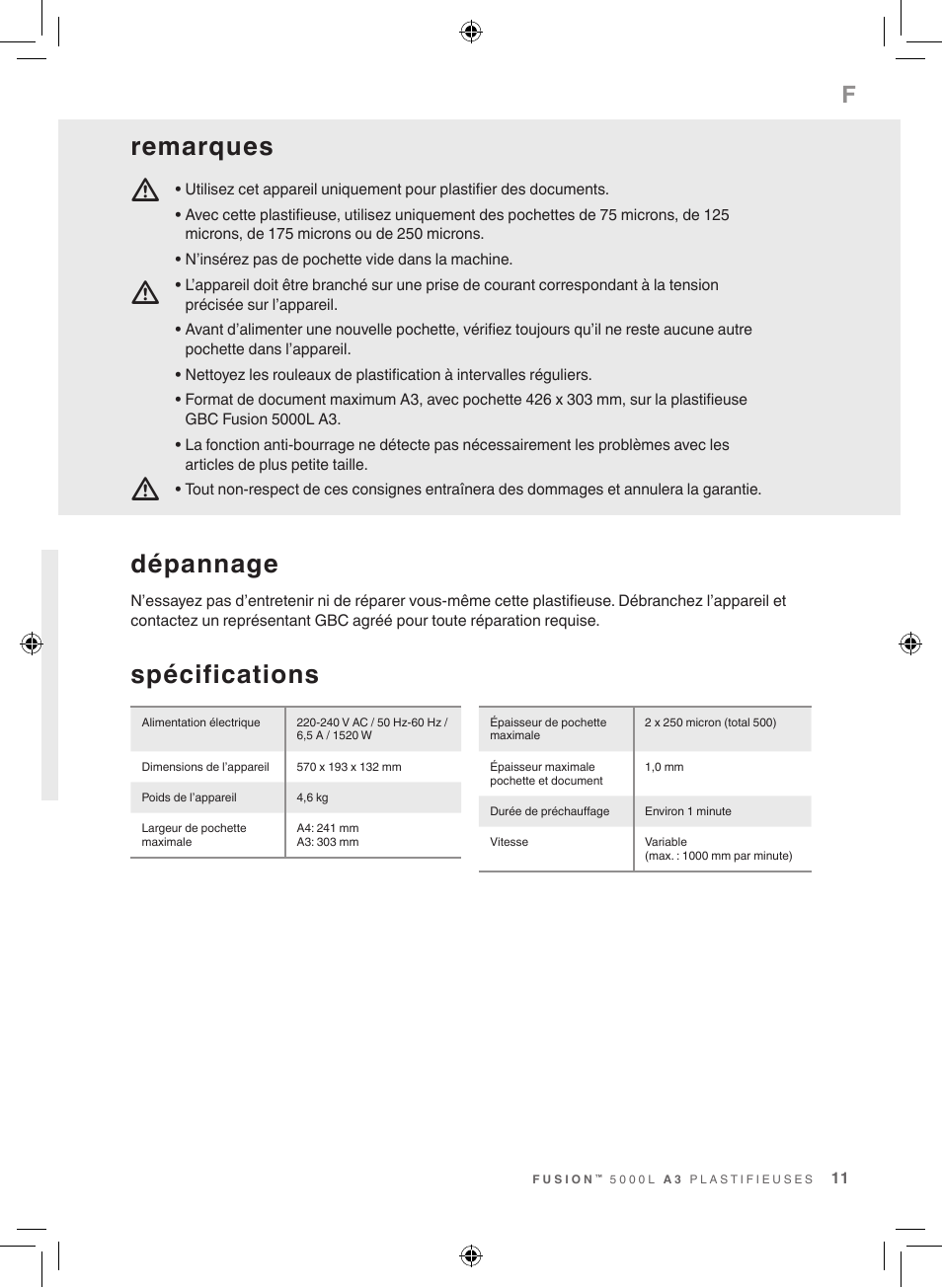 Spécifications, Dépannage, Remarques | GBC 5000L EU Fusion User Manual | Page 11 / 108
