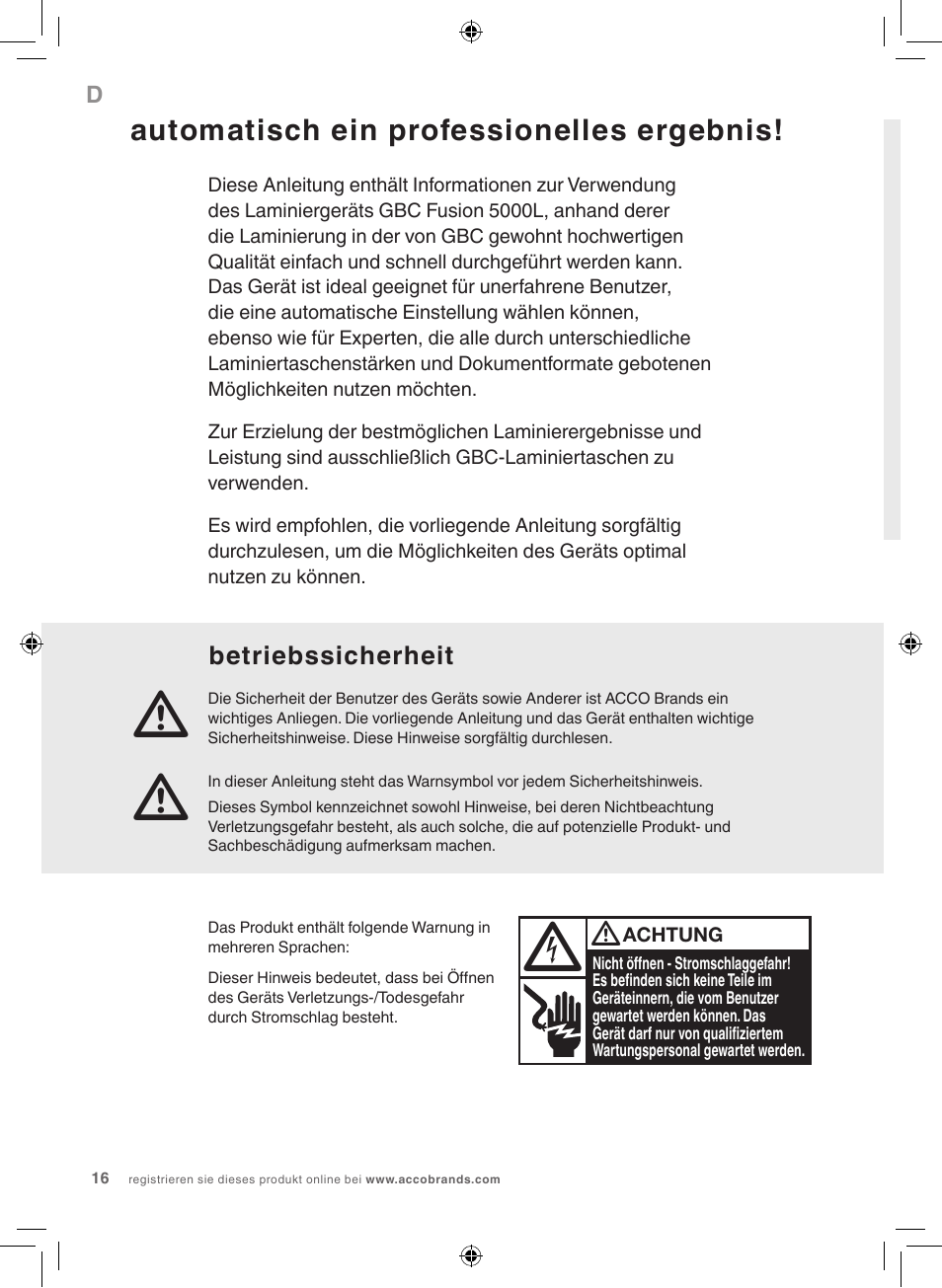 Automatisch ein professionelles ergebnis, Betriebssicherheit | GBC 5000L EU Fusion User Manual | Page 16 / 108