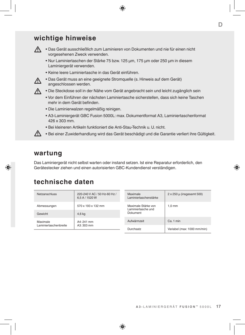 Mm m m, Technische daten wartung, Wichtige hinweise | GBC 5000L EU Fusion User Manual | Page 17 / 108