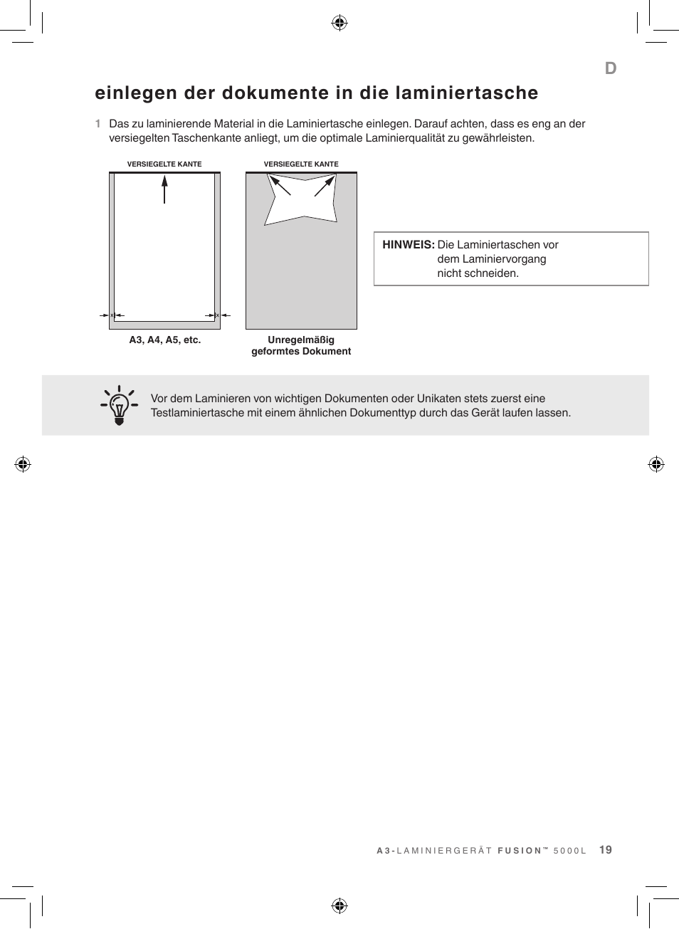 Einlegen der dokumente in die laminiertasche | GBC 5000L EU Fusion User Manual | Page 19 / 108