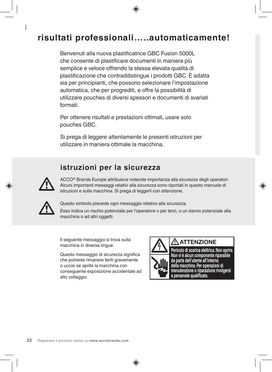 Risultati professionali…..automaticamente, Istruzioni per la sicurezza | GBC 5000L EU Fusion User Manual | Page 22 / 108