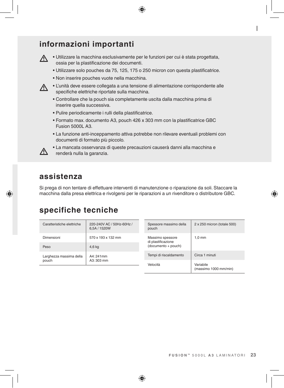 Assistenza, Informazioni importanti, Specifiche tecniche | GBC 5000L EU Fusion User Manual | Page 23 / 108