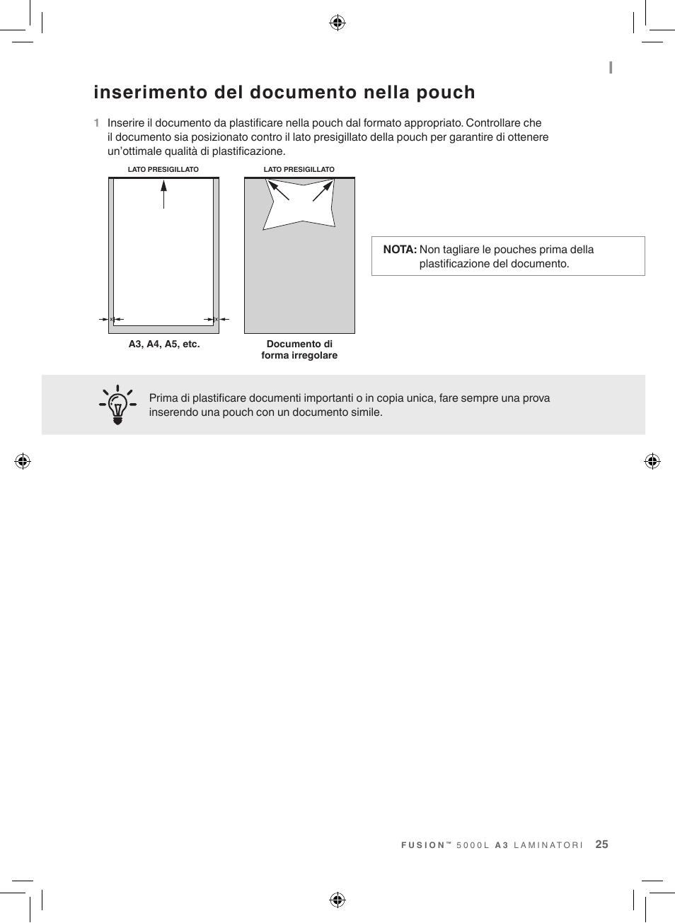 Inserimento del documento nella pouch | GBC 5000L EU Fusion User Manual | Page 25 / 108