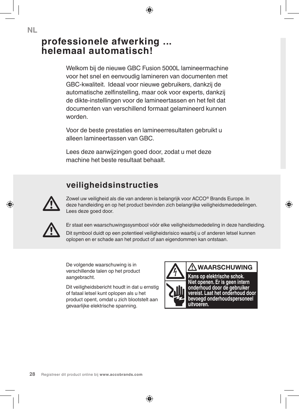 Professionele afwerking ... helemaal automatisch, Veiligheidsinstructies | GBC 5000L EU Fusion User Manual | Page 28 / 108
