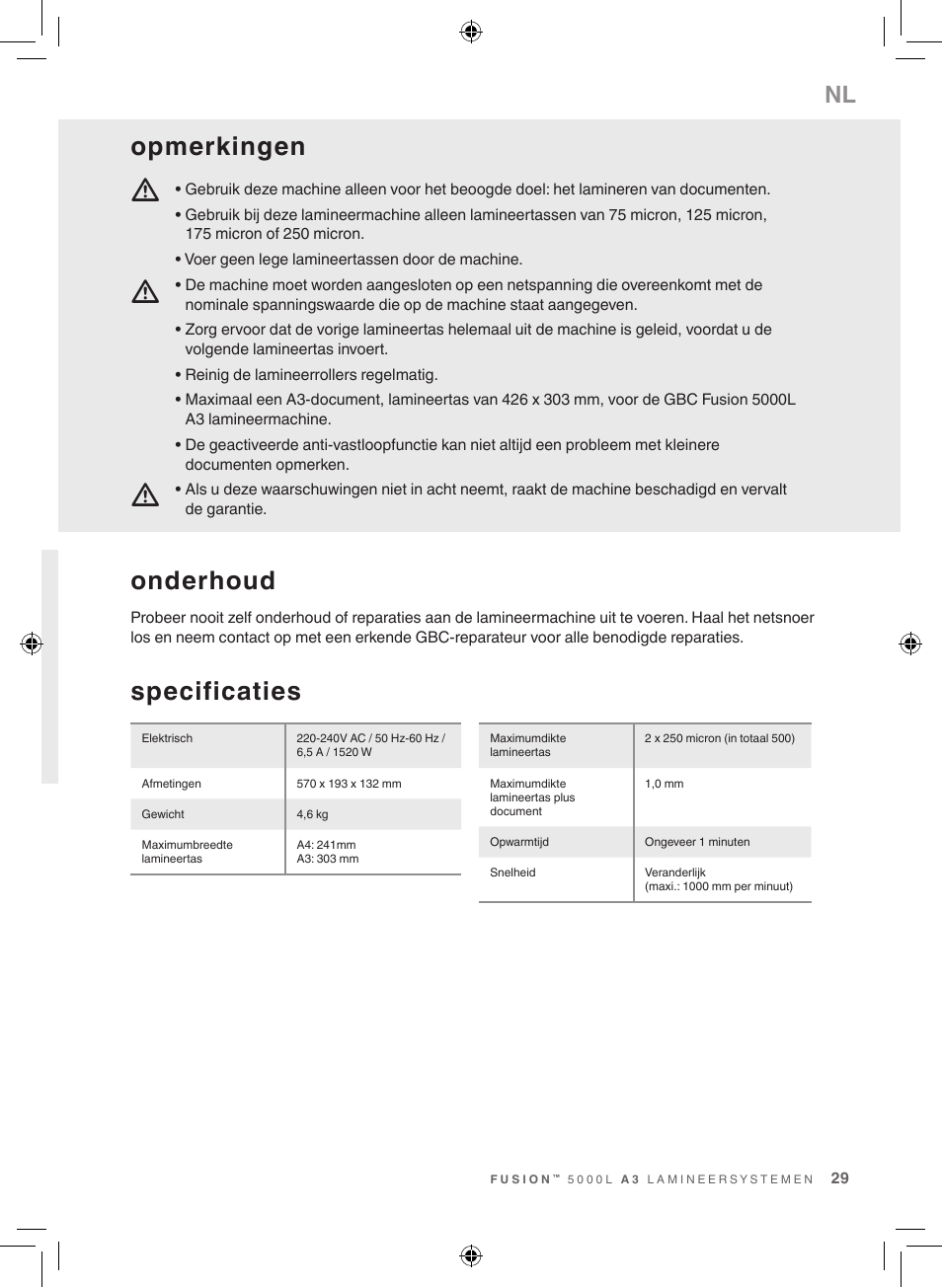 Specificaties, Onderhoud, Opmerkingen | GBC 5000L EU Fusion User Manual | Page 29 / 108