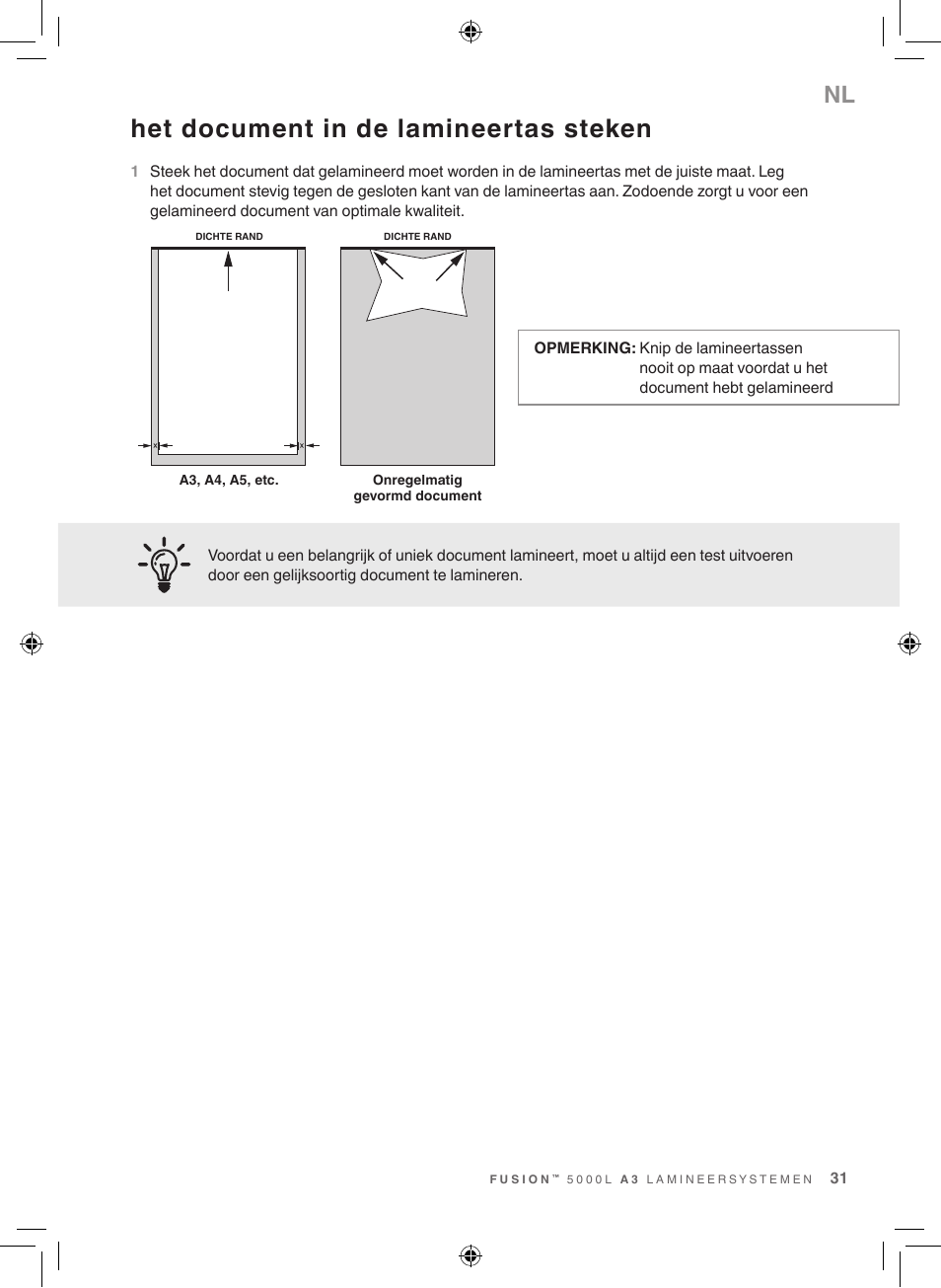 Het document in de lamineertas steken | GBC 5000L EU Fusion User Manual | Page 31 / 108