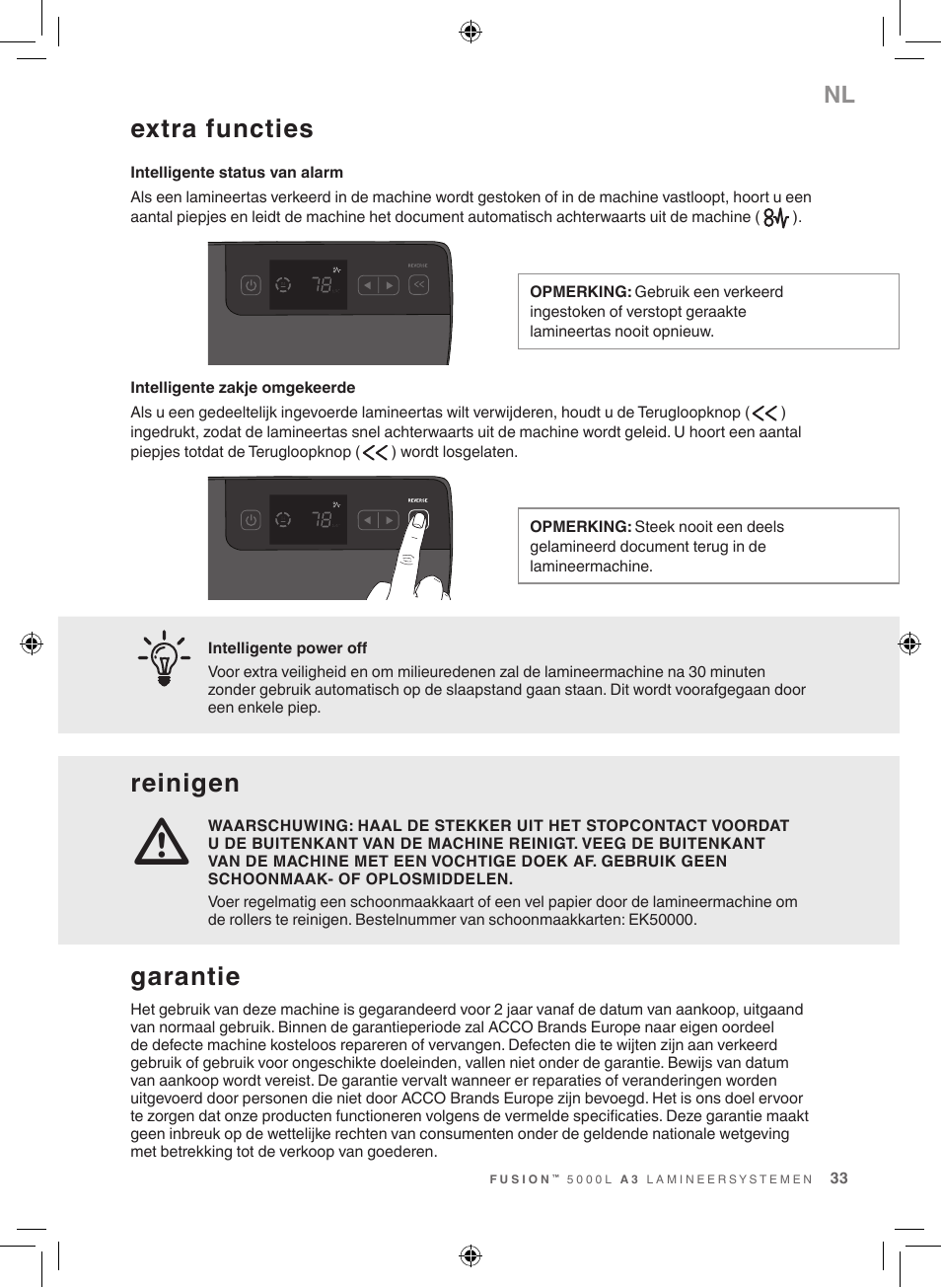 Extra functies, Reinigen, Garantie | GBC 5000L EU Fusion User Manual | Page 33 / 108