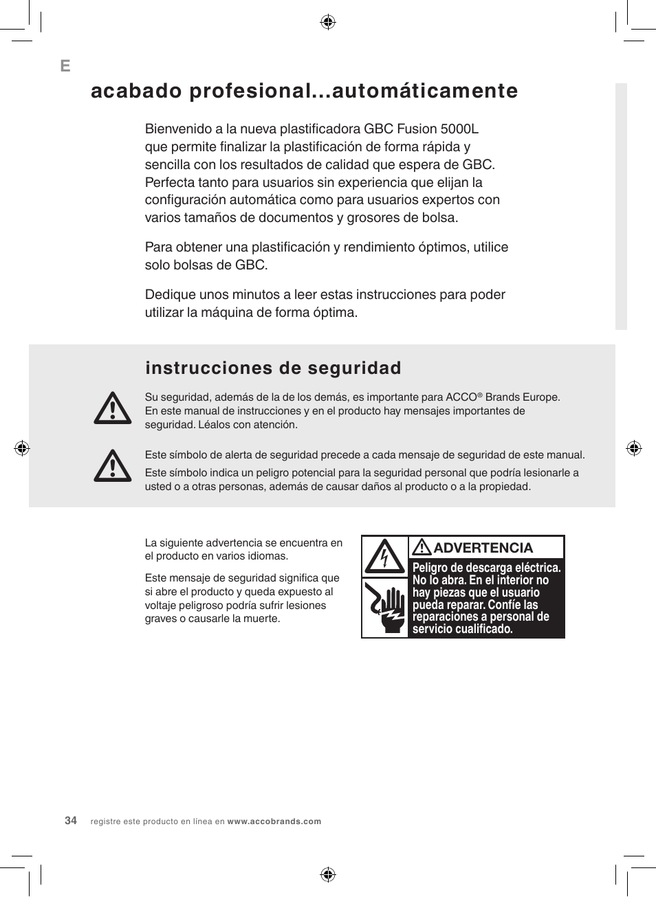 Acabado profesional...automáticamente, Instrucciones de seguridad | GBC 5000L EU Fusion User Manual | Page 34 / 108