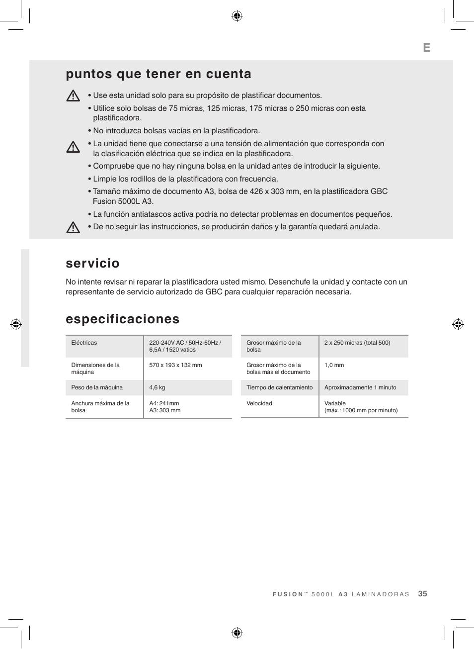 Especificaciones, Servicio, Puntos que tener en cuenta | GBC 5000L EU Fusion User Manual | Page 35 / 108