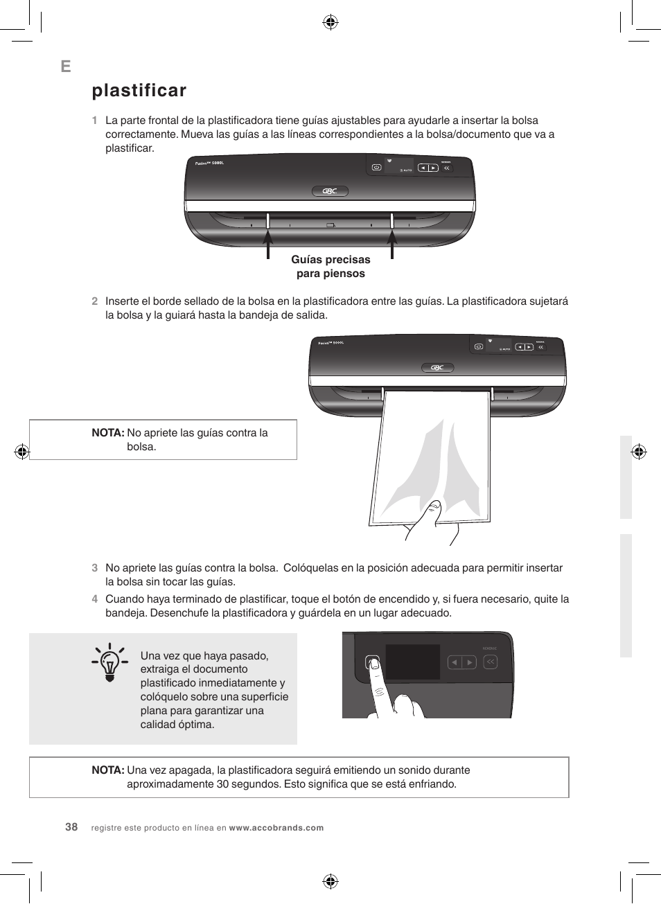 Plastificar | GBC 5000L EU Fusion User Manual | Page 38 / 108