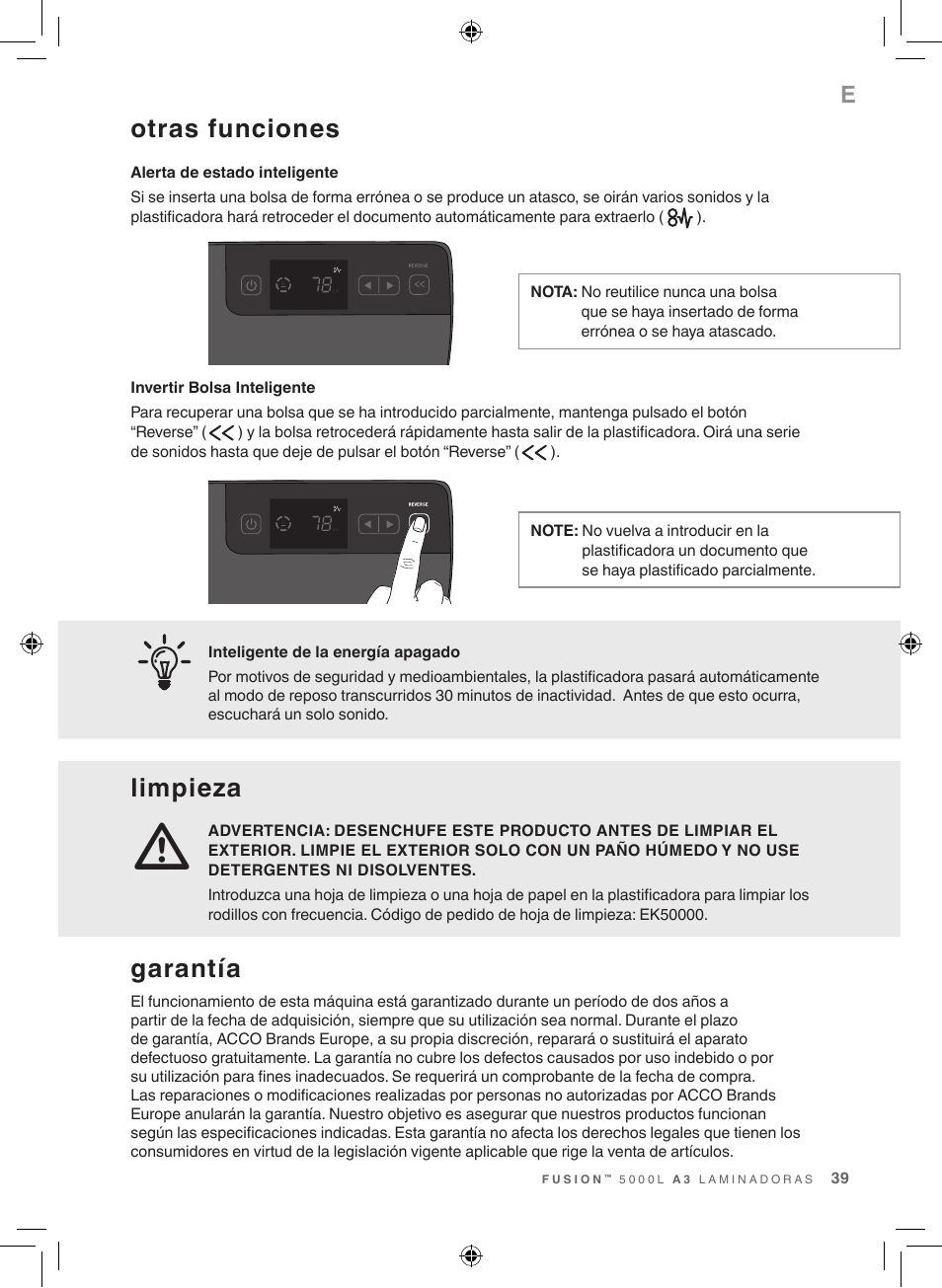 Otras funciones, Limpieza, Garantía | GBC 5000L EU Fusion User Manual | Page 39 / 108