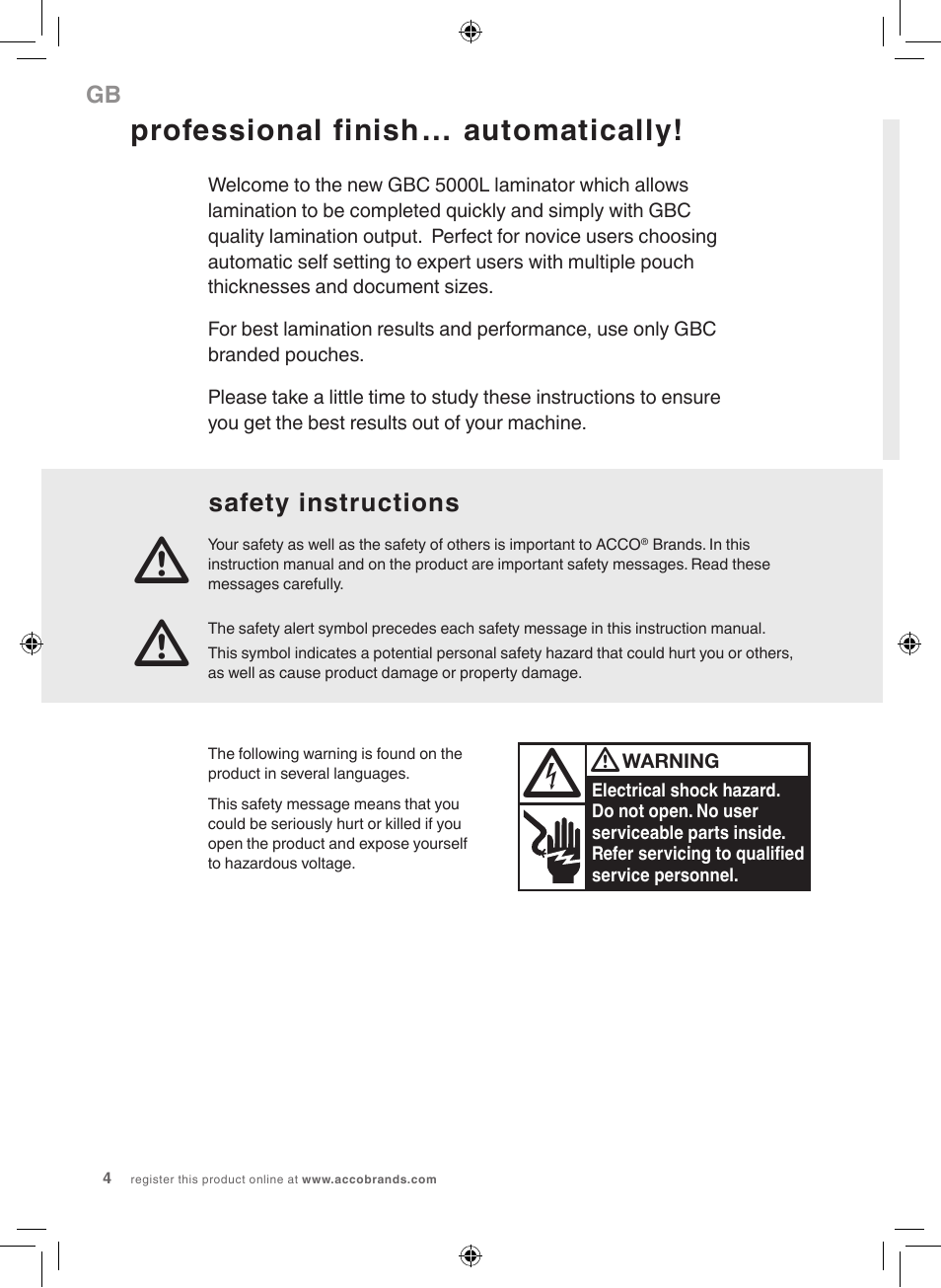 Professional finish… automatically, Safety instructions | GBC 5000L EU Fusion User Manual | Page 4 / 108