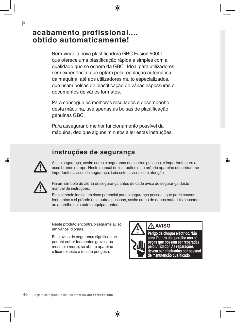 Acabamento profissional.... obtido automaticamente | GBC 5000L EU Fusion User Manual | Page 40 / 108