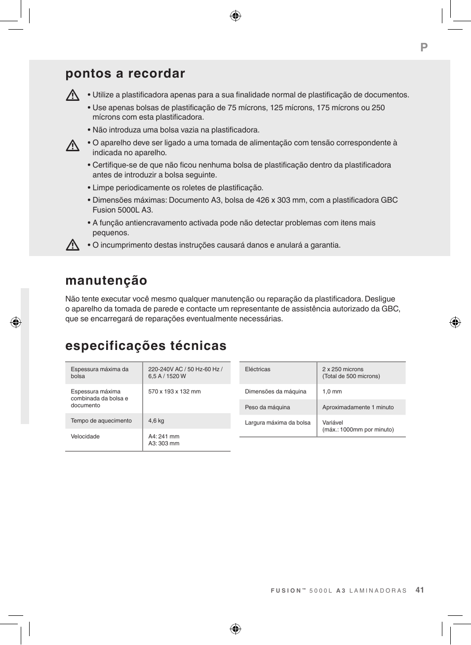 Especificações técnicas, Manutenção, Pontos a recordar | GBC 5000L EU Fusion User Manual | Page 41 / 108