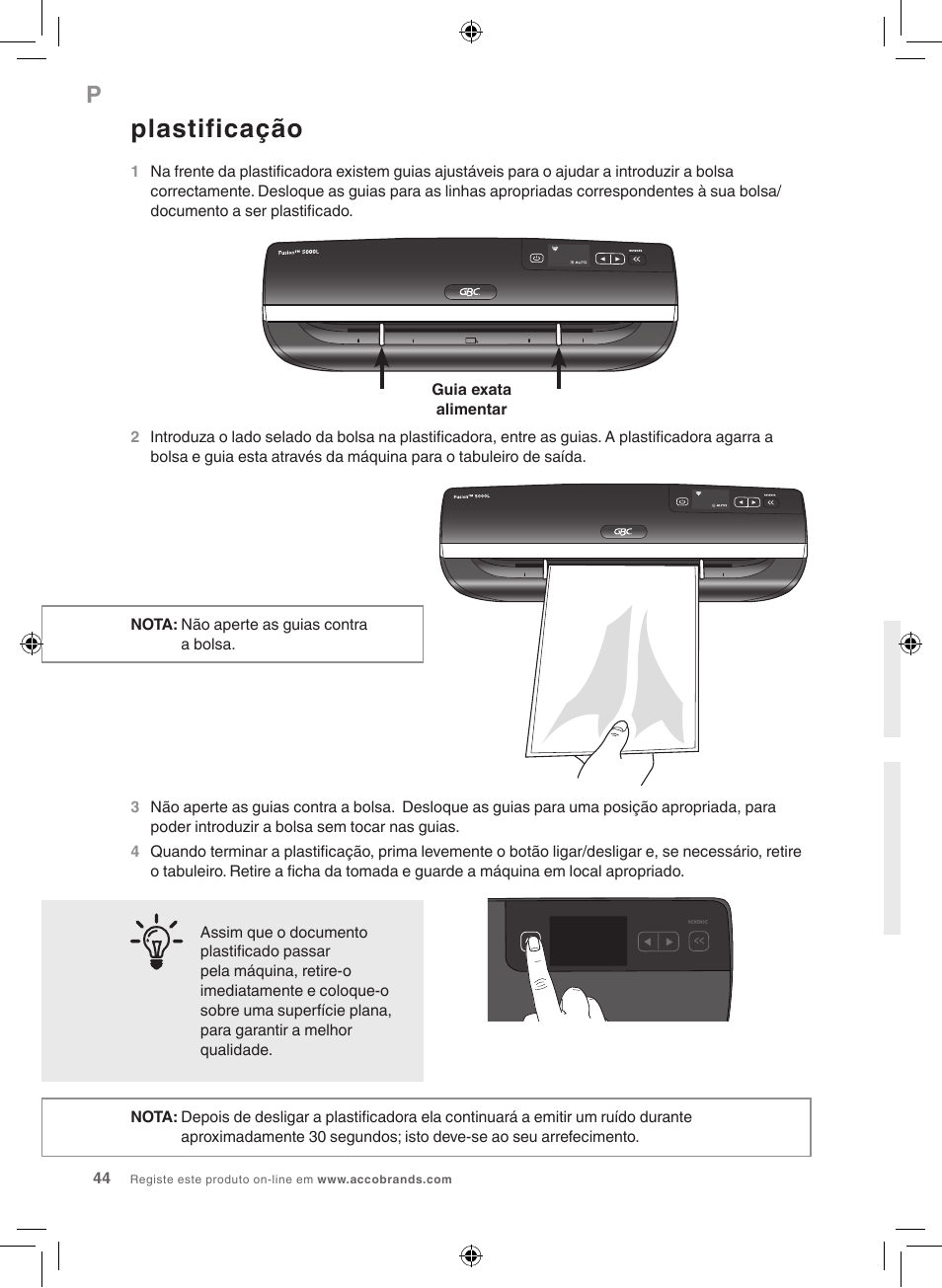 Plastificação | GBC 5000L EU Fusion User Manual | Page 44 / 108