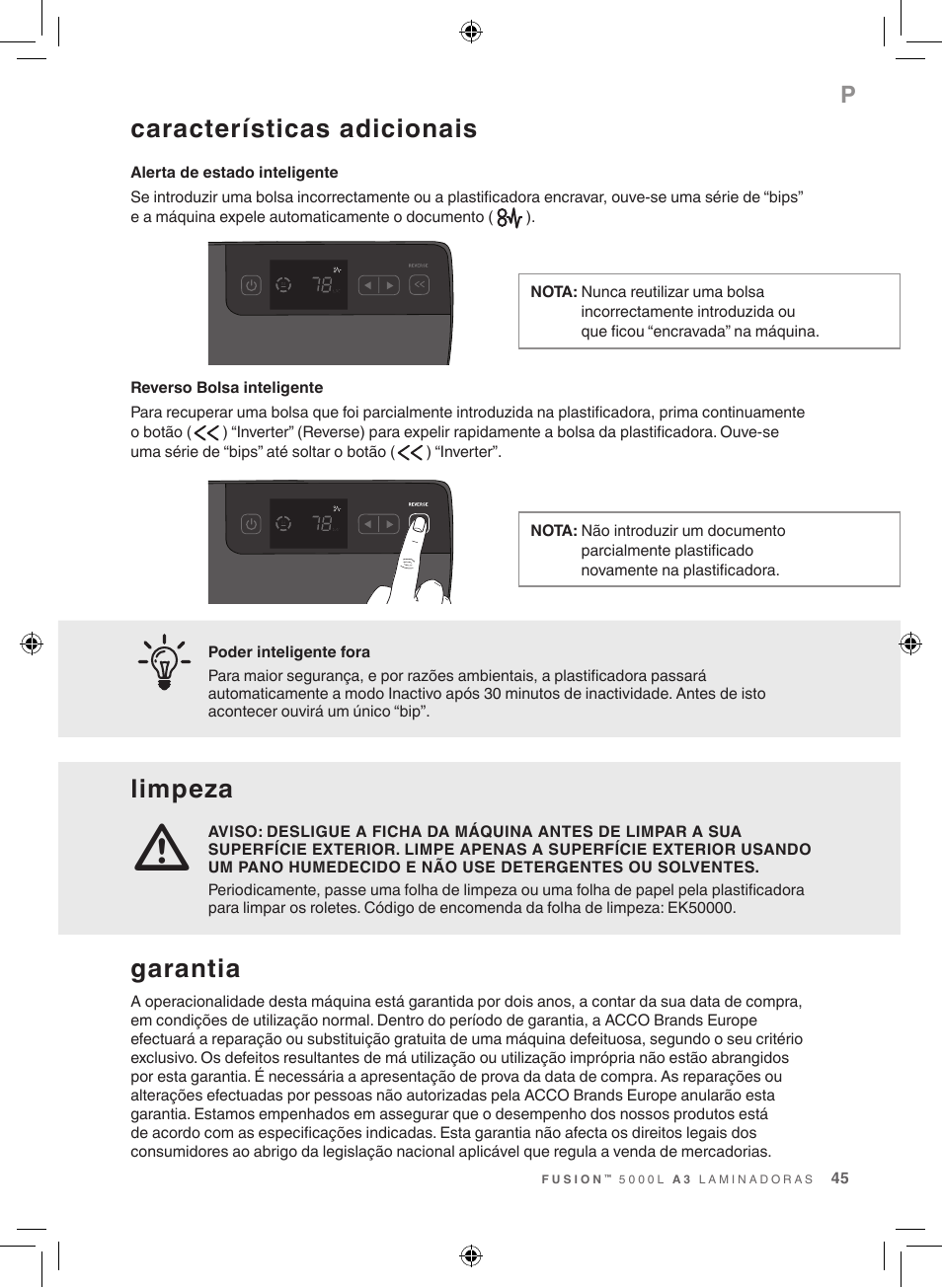 Características adicionais, Limpeza, Garantia | GBC 5000L EU Fusion User Manual | Page 45 / 108