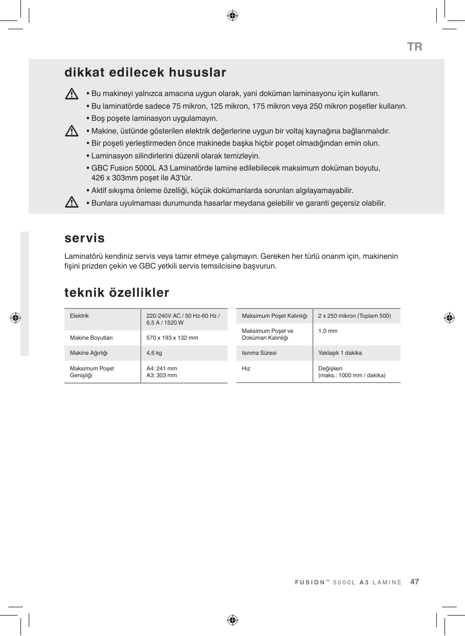 Teknik özellikler, Servis, Dikkat edilecek hususlar | GBC 5000L EU Fusion User Manual | Page 47 / 108