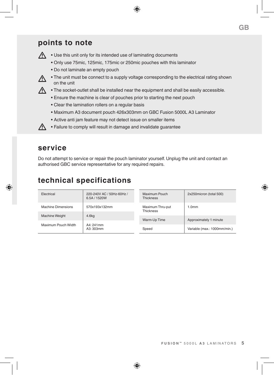 Mm m m, Technical specifications service | GBC 5000L EU Fusion User Manual | Page 5 / 108