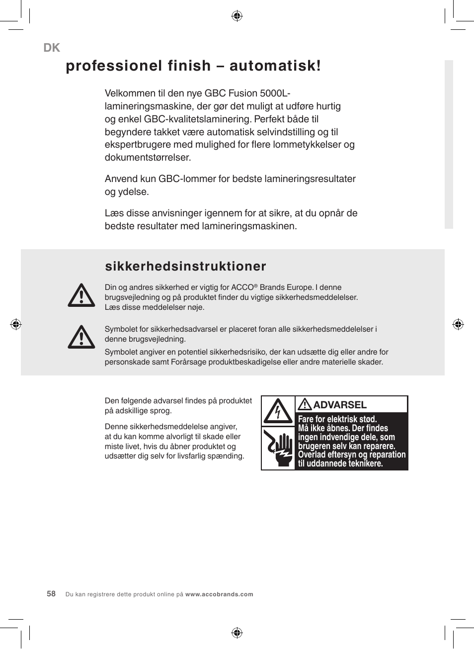 Professionel finish – automatisk, Sikkerhedsinstruktioner | GBC 5000L EU Fusion User Manual | Page 58 / 108